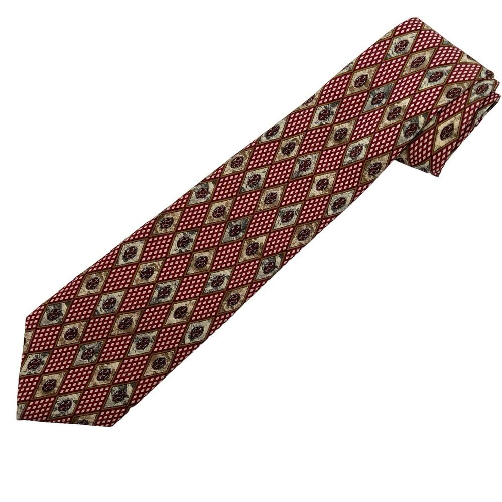 Christian Dior Vintage Silk Tie Printed Red/Tan Rhombus